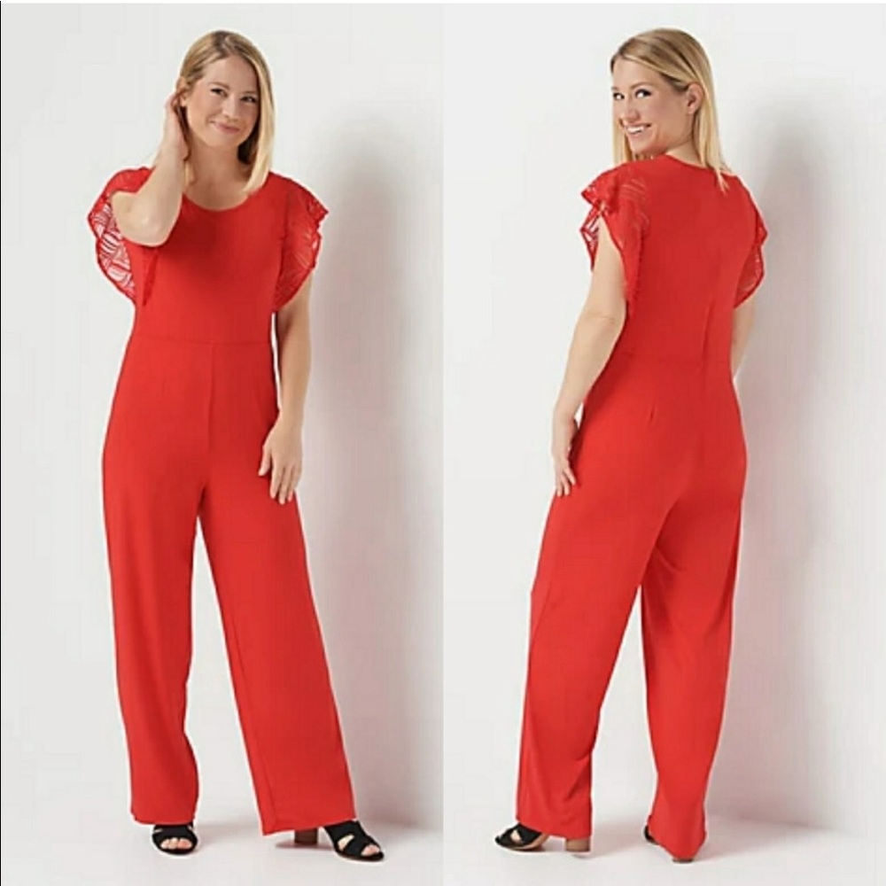 H BY HALSTON Red Petite Lace Jumpsuit MP